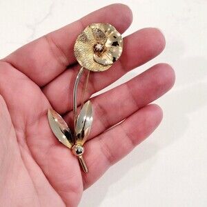 Faux Pearl Flower Stem Leaf Pin Brooch Gold Tone Vintage